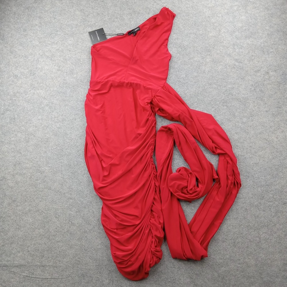 JLUX LABEL Dress Womens Medium Red One Shoulder Ruched Maxi Bodycon Gown Formal